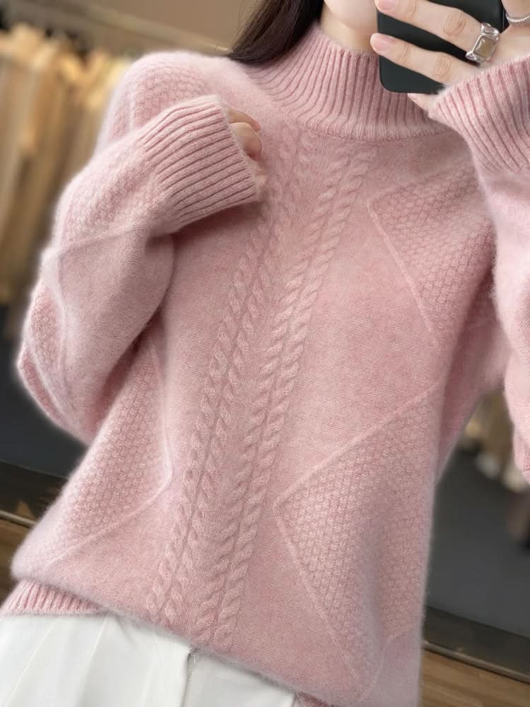 Maglione da donna a collo alto con motivo a trecce