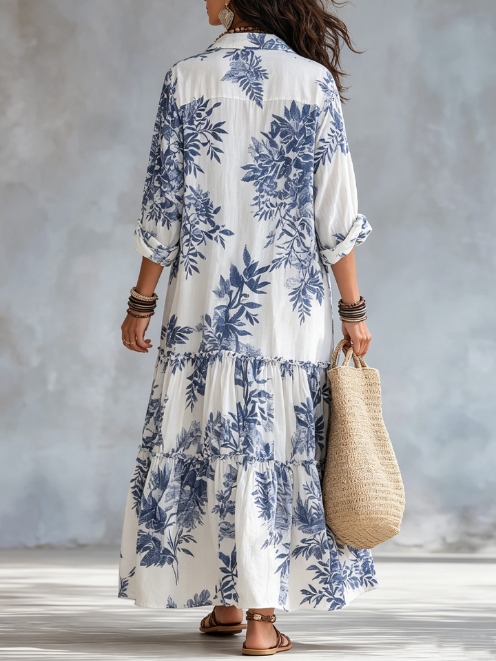 Robe Longue Femme Fleurie à Volants avec Col Chemise