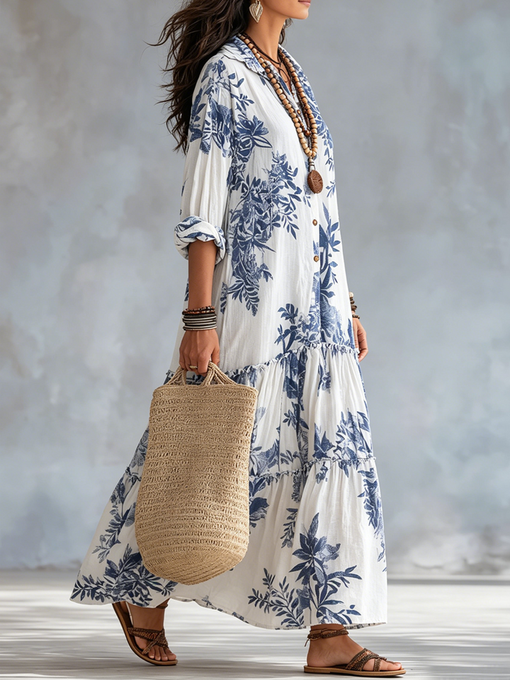 Robe Longue Femme Fleurie à Volants avec Col Chemise
