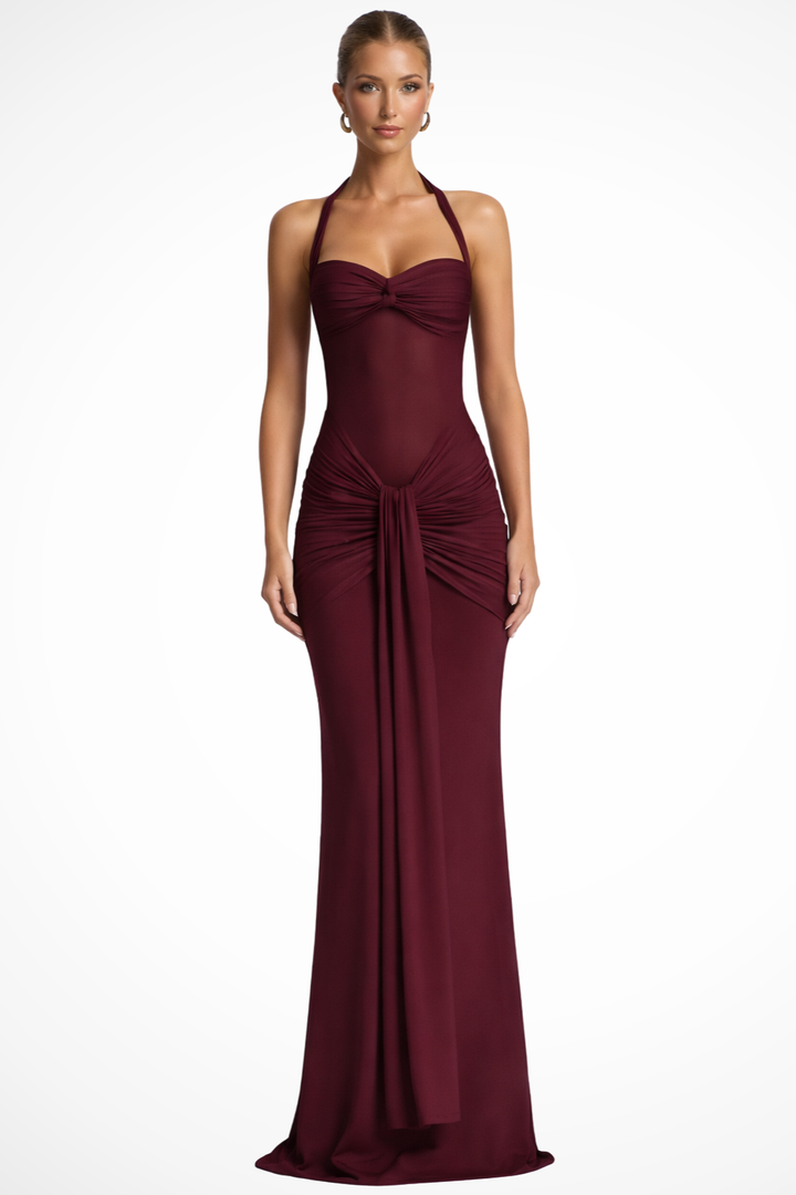 Elegantní dámské maxi slavnostní šaty s halter výstřihem a řasením