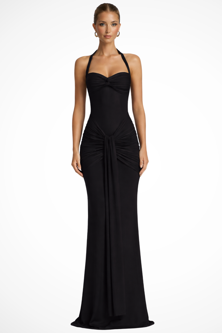 Elegantní dámské maxi slavnostní šaty s halter výstřihem a řasením