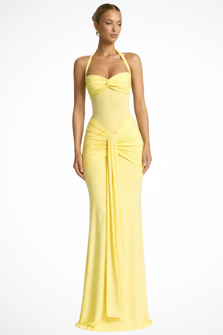 Elegantní dámské maxi slavnostní šaty s halter výstřihem a řasením