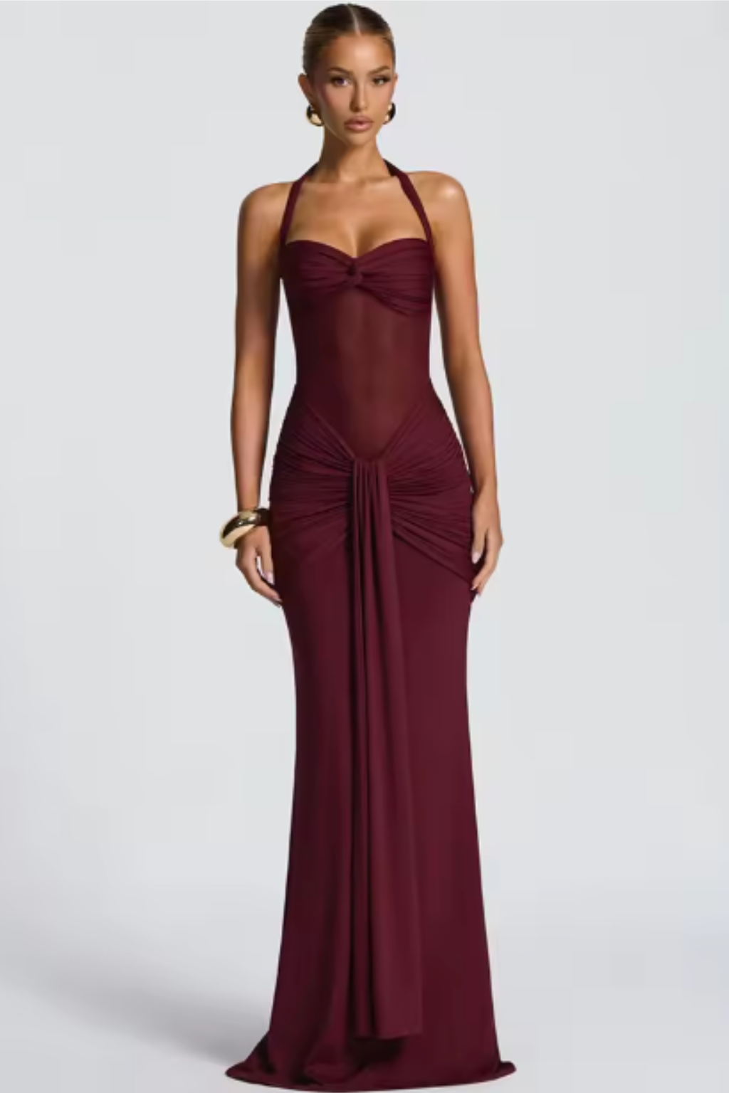 Elegantní dámské maxi slavnostní šaty s halter výstřihem a řasením