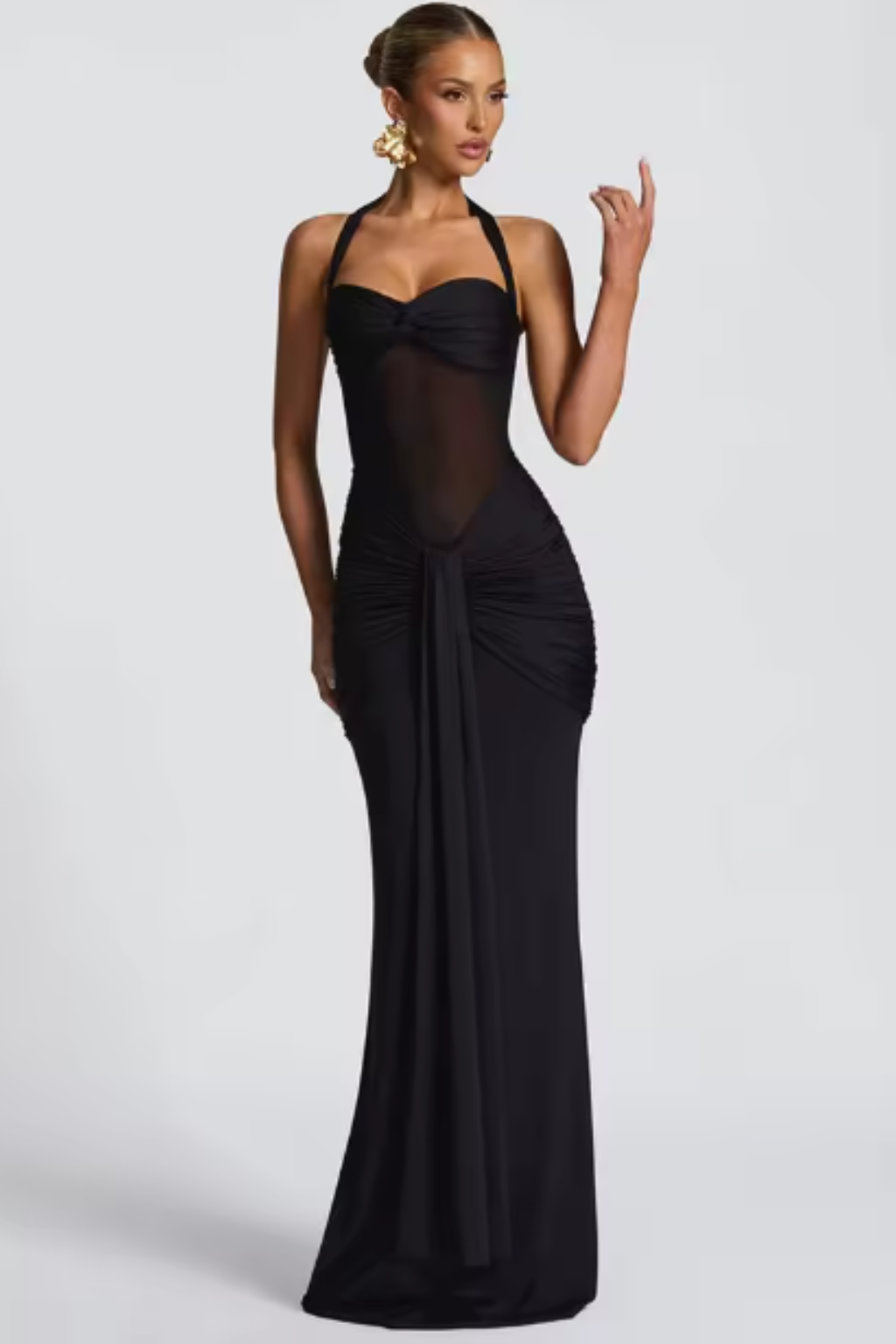 Elegantní dámské maxi slavnostní šaty s halter výstřihem a řasením