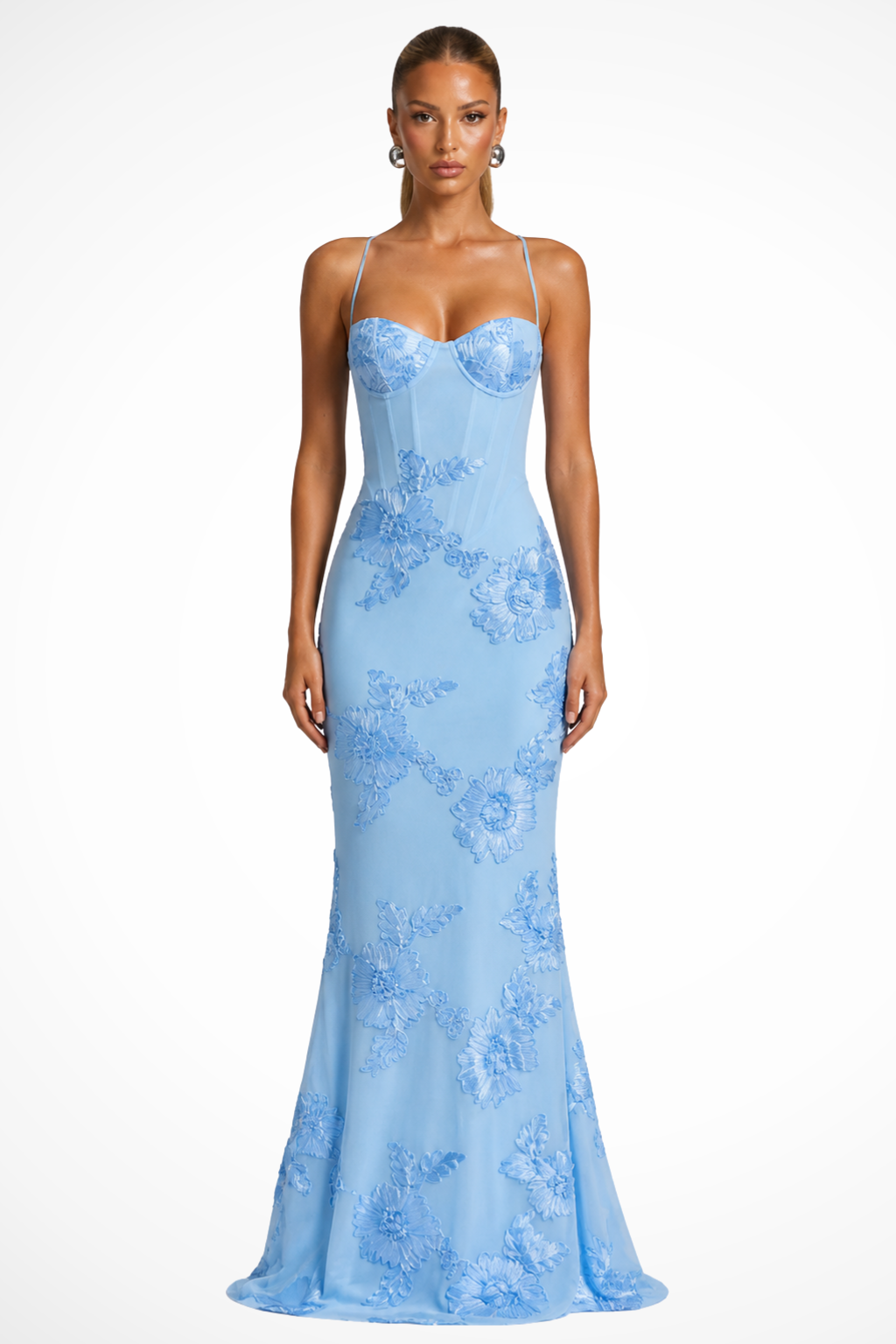 Robe Longue Femme Sirène à Bretelles Fines et Broderies Florales