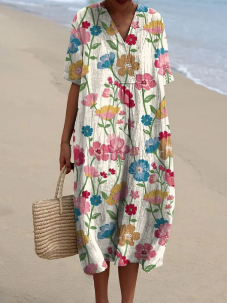 Women's Floral Print V-Neck Summer Midi Dress