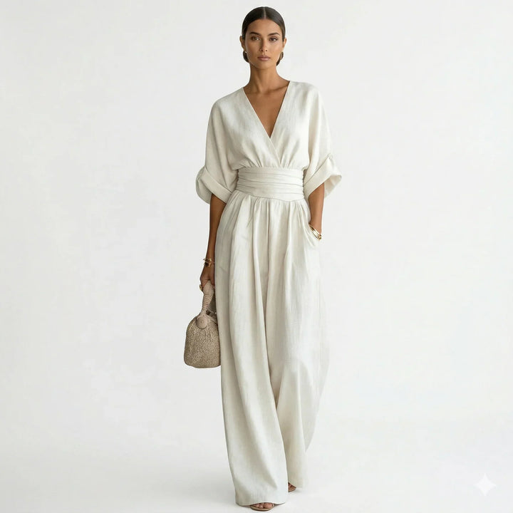 Women's Fluid Jumpsuit with Wrap Collar and Wide Legs