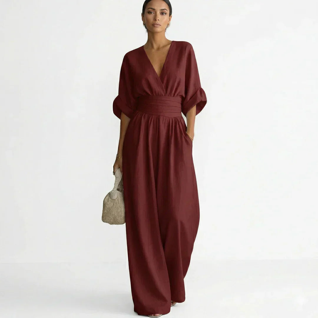 Women's Fluid Jumpsuit with Wrap Collar and Wide Legs
