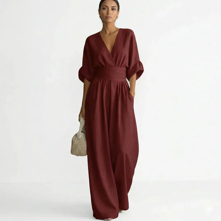 Women's Fluid Jumpsuit with Wrap Collar and Wide Legs