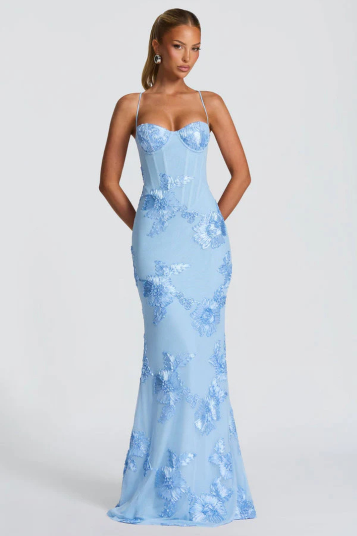 Robe Longue Femme Sirène à Bretelles Fines et Broderies Florales