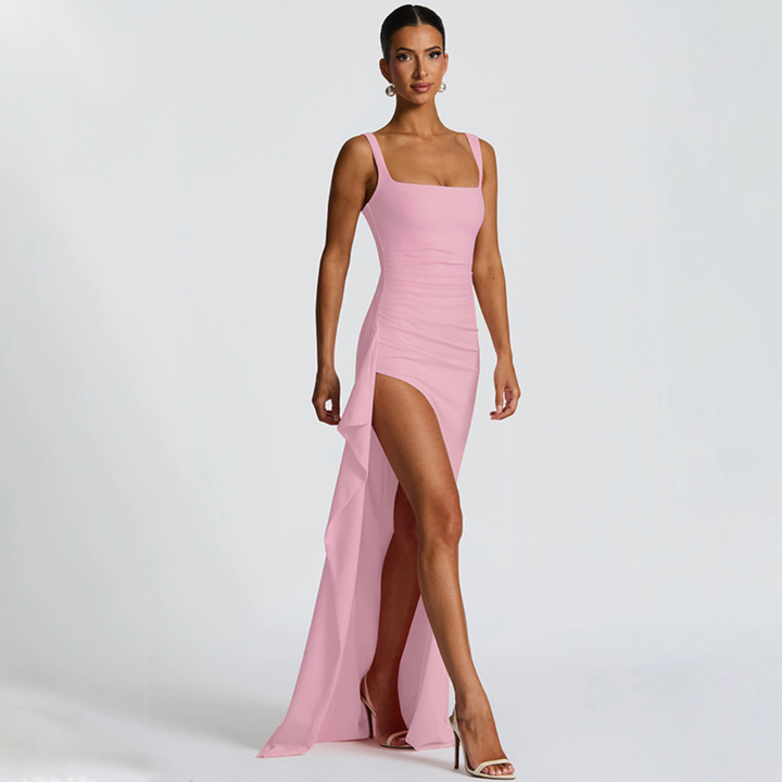 Robe Longue Femme à Bretelles Fines et Fente Haute