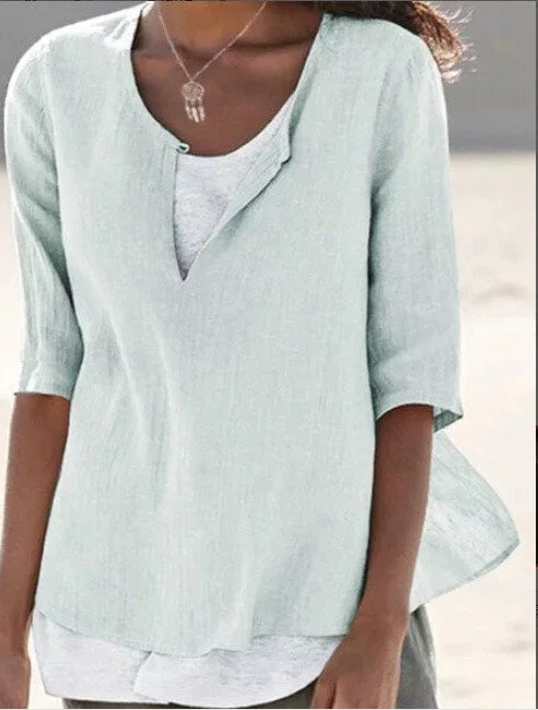 Blouse Décontractée à Encolure Fendue et Manches 3/4 Élégantes