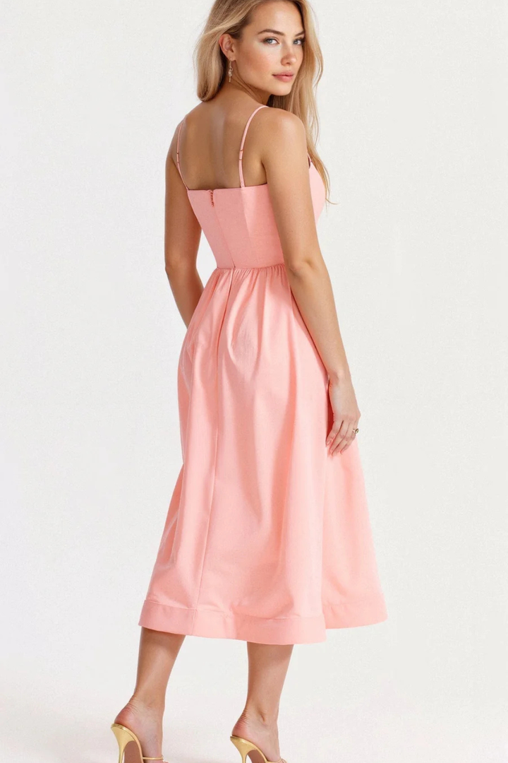 Robe Midi Femme à Bretelles Fines et Jupe Évasée