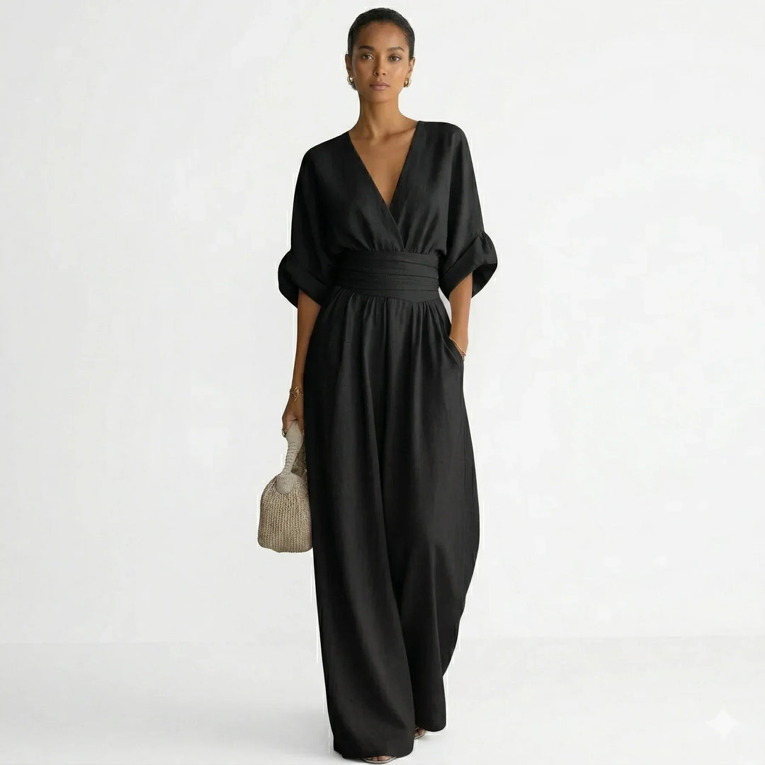 Women's Fluid Jumpsuit with Wrap Collar and Wide Legs