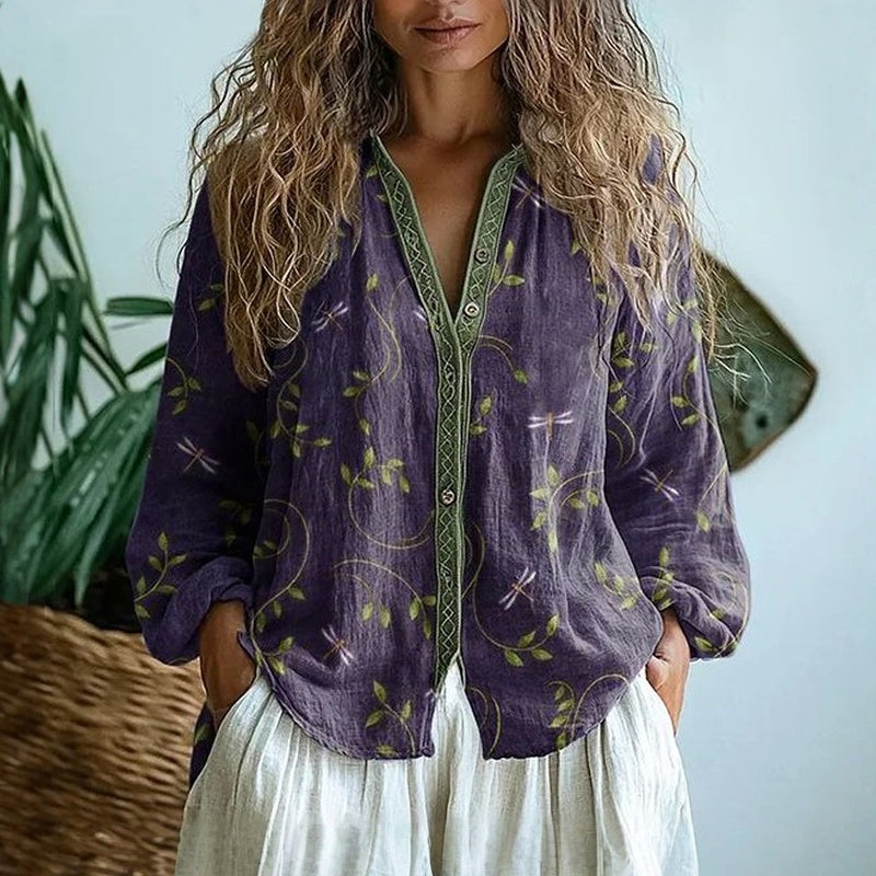 Blouse imprimée col V manches longues femme