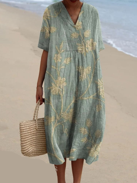 Women's Floral Print V-Neck Summer Midi Dress