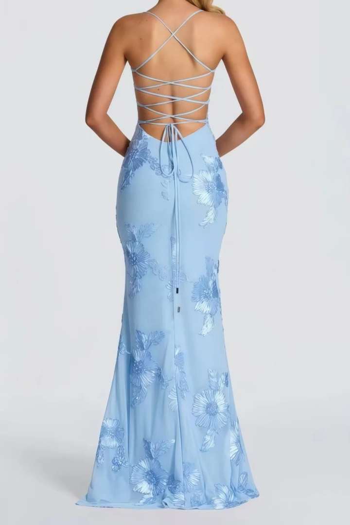 Robe Longue Femme Sirène à Bretelles Fines et Broderies Florales