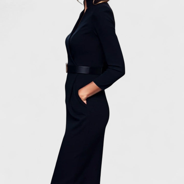 Robe midi femme col Mao ceinture