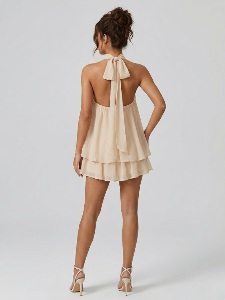 Robe courte femme dos nu col montant volants