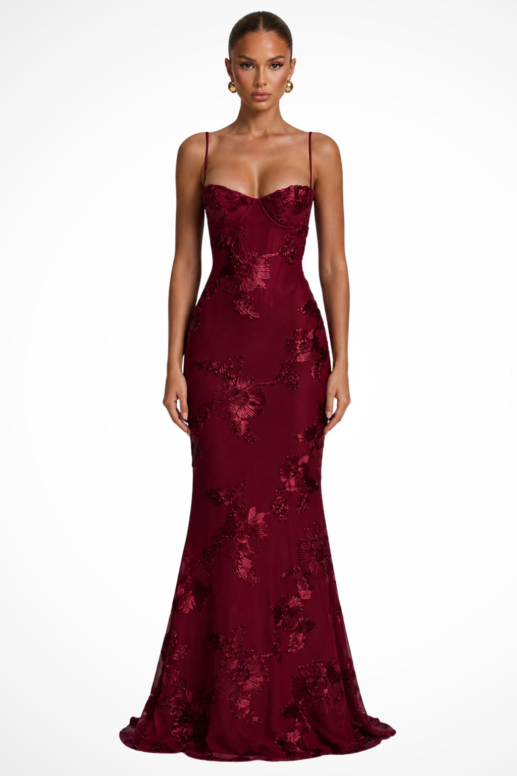 Robe Longue Femme Sirène à Bretelles Fines et Broderies Florales
