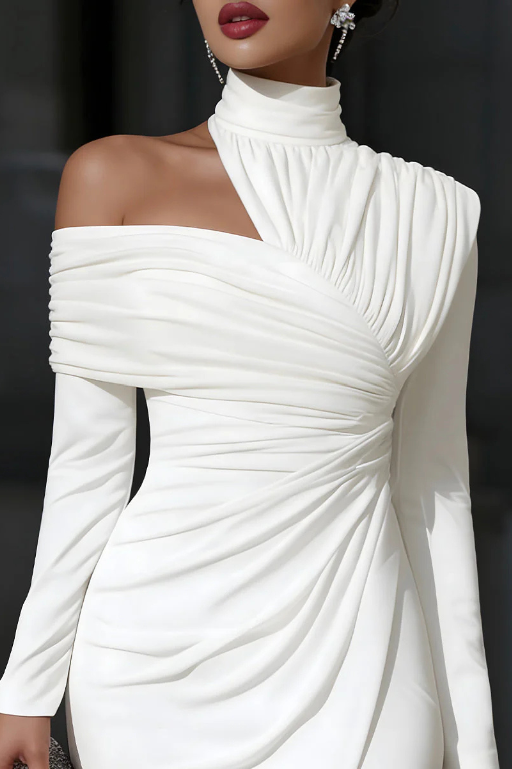 Robe Midi Femme Asymétrique à Manches Longues et Effet Drapé
