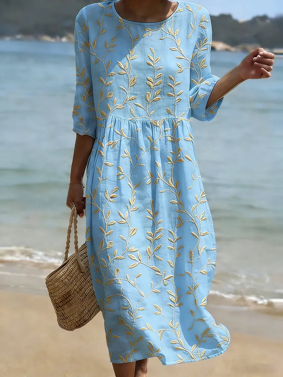 Embroidered Leaf Midi Dress for Women