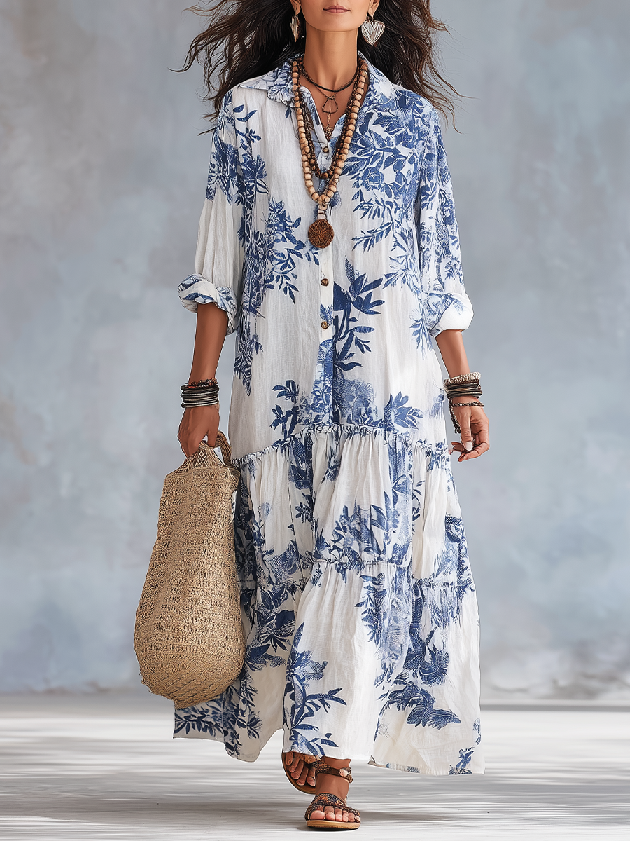 Robe Longue Femme Fleurie à Volants avec Col Chemise