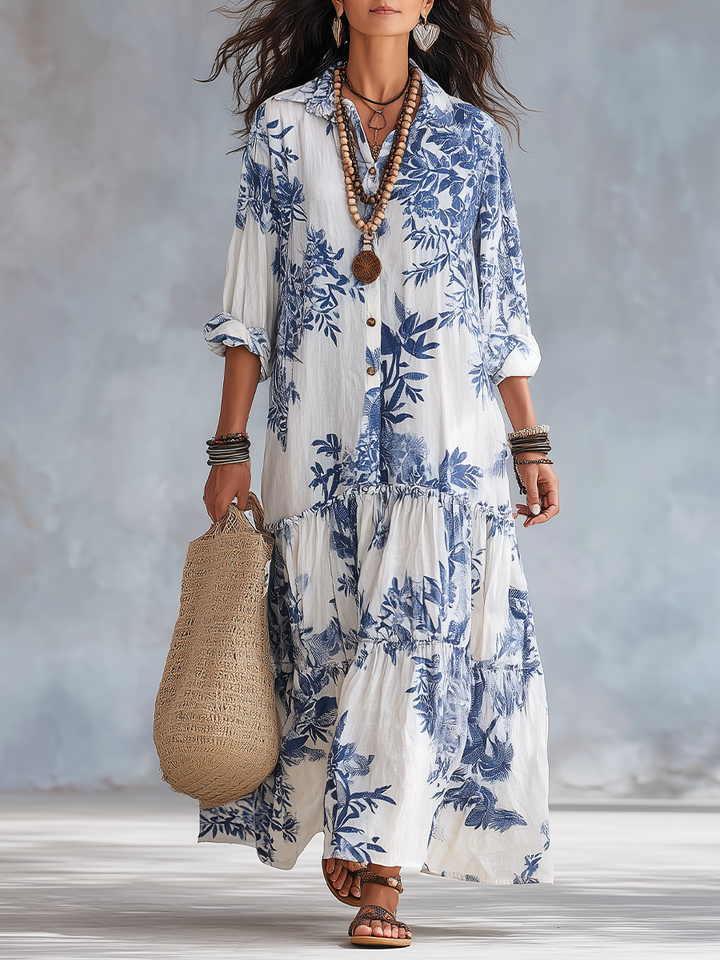 Robe Longue Femme Fleurie à Volants avec Col Chemise