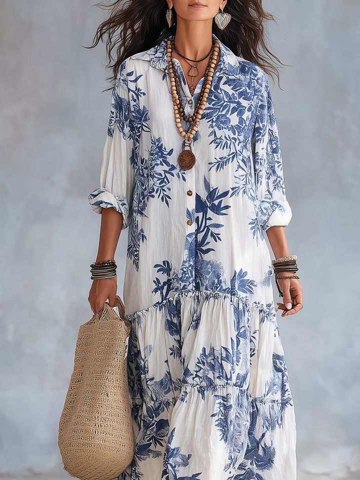 Robe Longue Femme Fleurie à Volants avec Col Chemise
