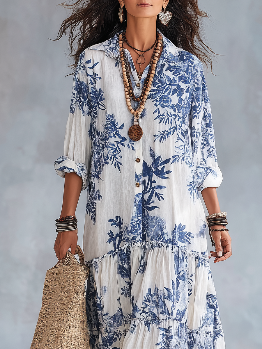 Robe Longue Femme Fleurie à Volants avec Col Chemise