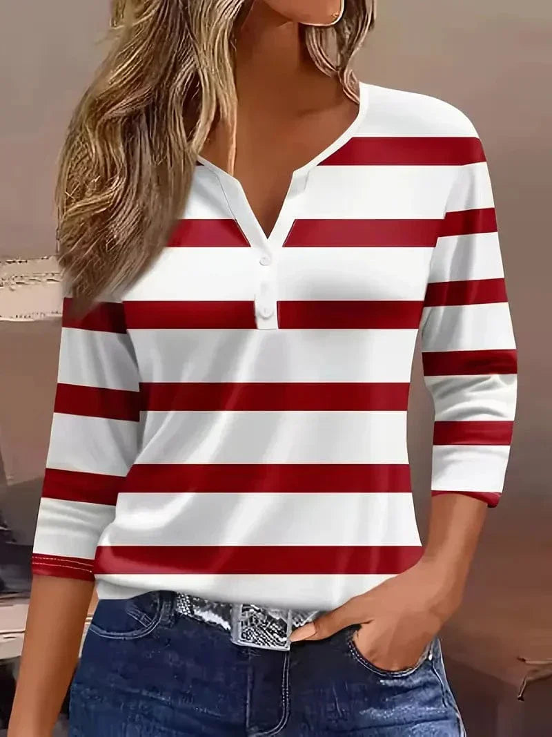 Haut Henley Rayé à Manches Trois-Quarts Pour Femme