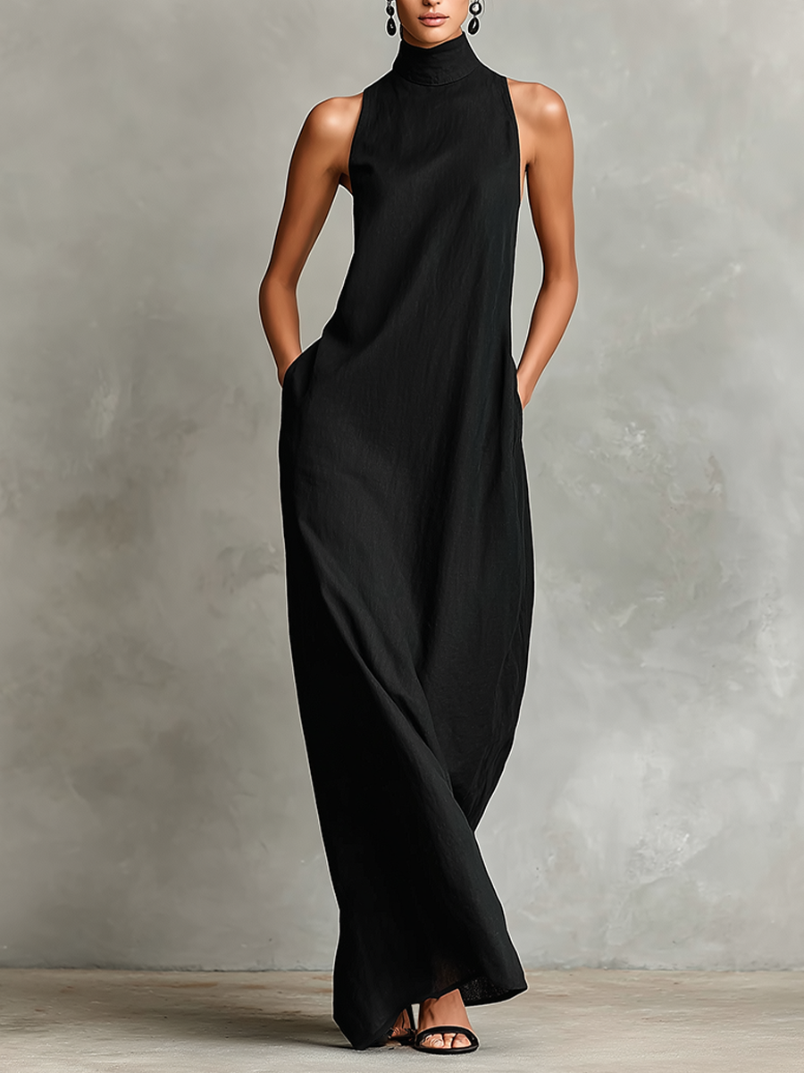 Elegant Long Sleeveless Women's Dress with a High Neck