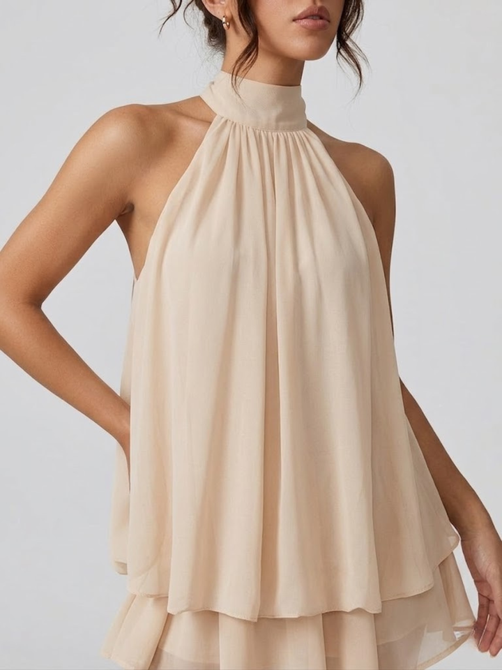 Robe courte femme dos nu col montant volants