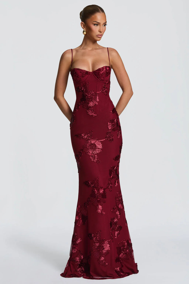 Robe Longue Femme Sirène à Bretelles Fines et Broderies Florales