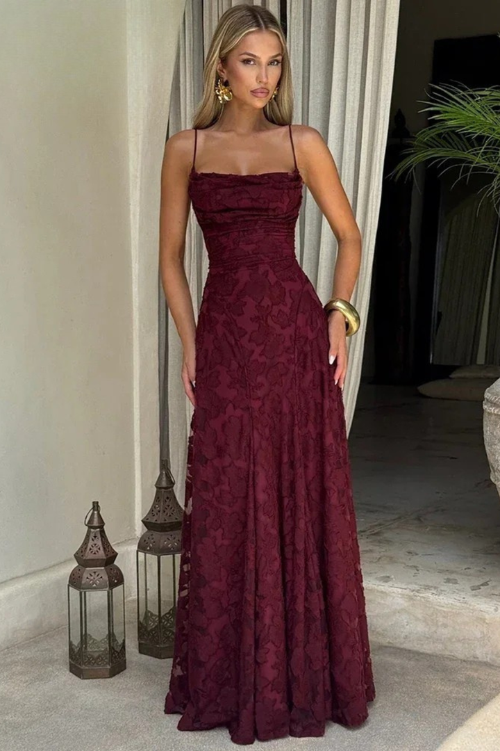 Robe Longue Femme en Dentelle à Bretelles Fines et Dos Croisé