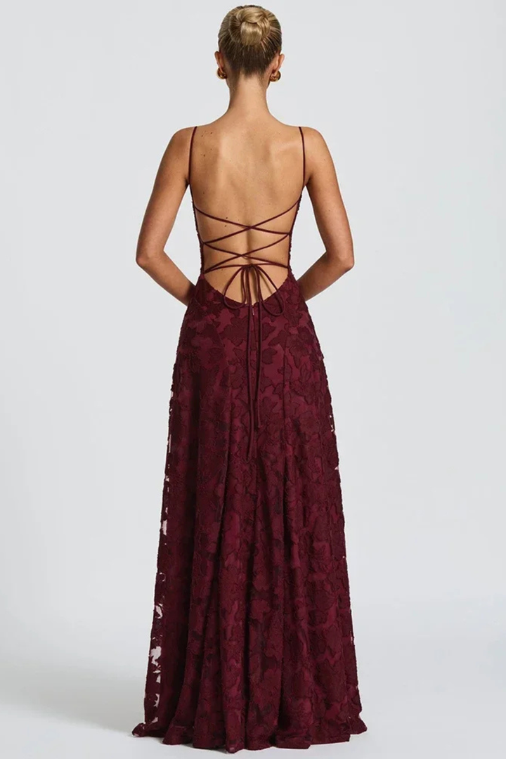 Robe Longue Femme en Dentelle à Bretelles Fines et Dos Croisé