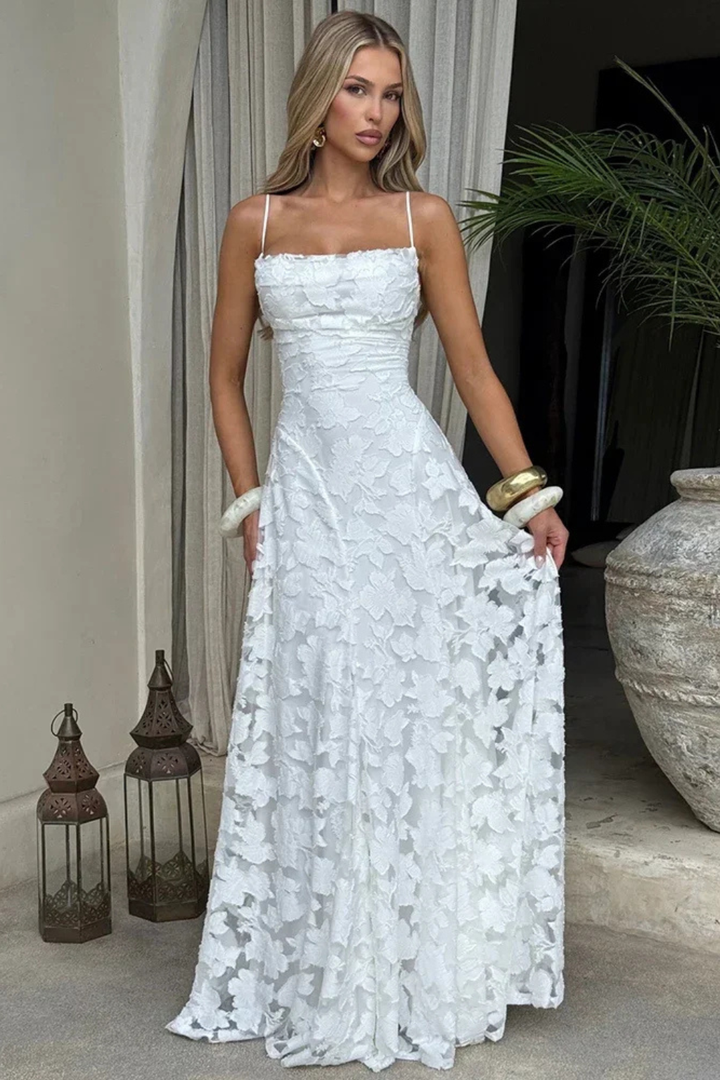Robe Longue Femme en Dentelle à Bretelles Fines et Dos Croisé