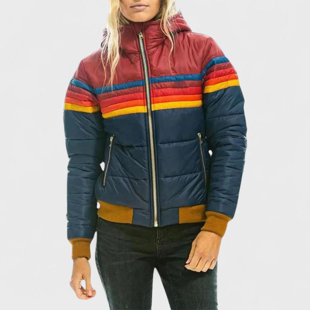 Giacca trapuntata con cappuccio e strisce colorate da donna