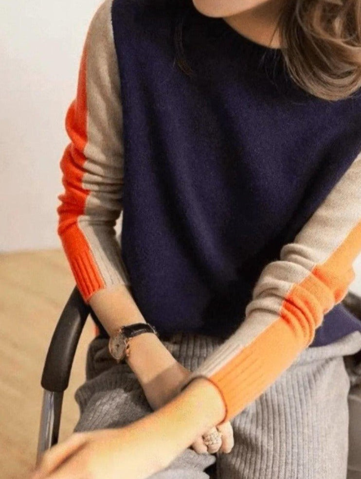 Pull Femme Color Block Col Rond et Manches Longues