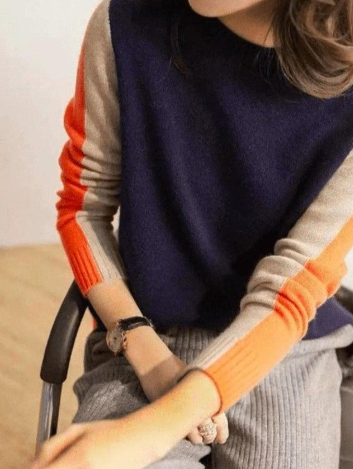 Pull Femme Color Block Col Rond et Manches Longues