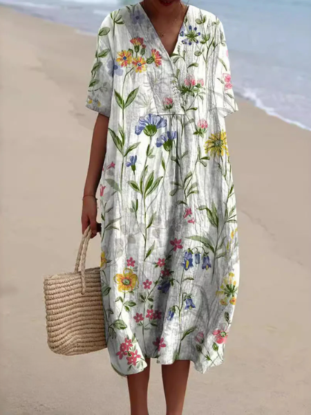 Women's Floral Print V-Neck Summer Midi Dress