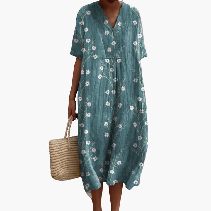 Robe Midi Femme Ample à Imprimé Floral avec Col en V