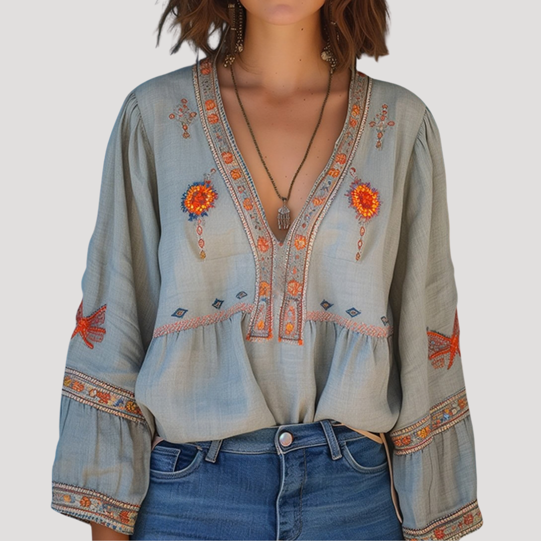 Blouse bohème femme broderie florale col V