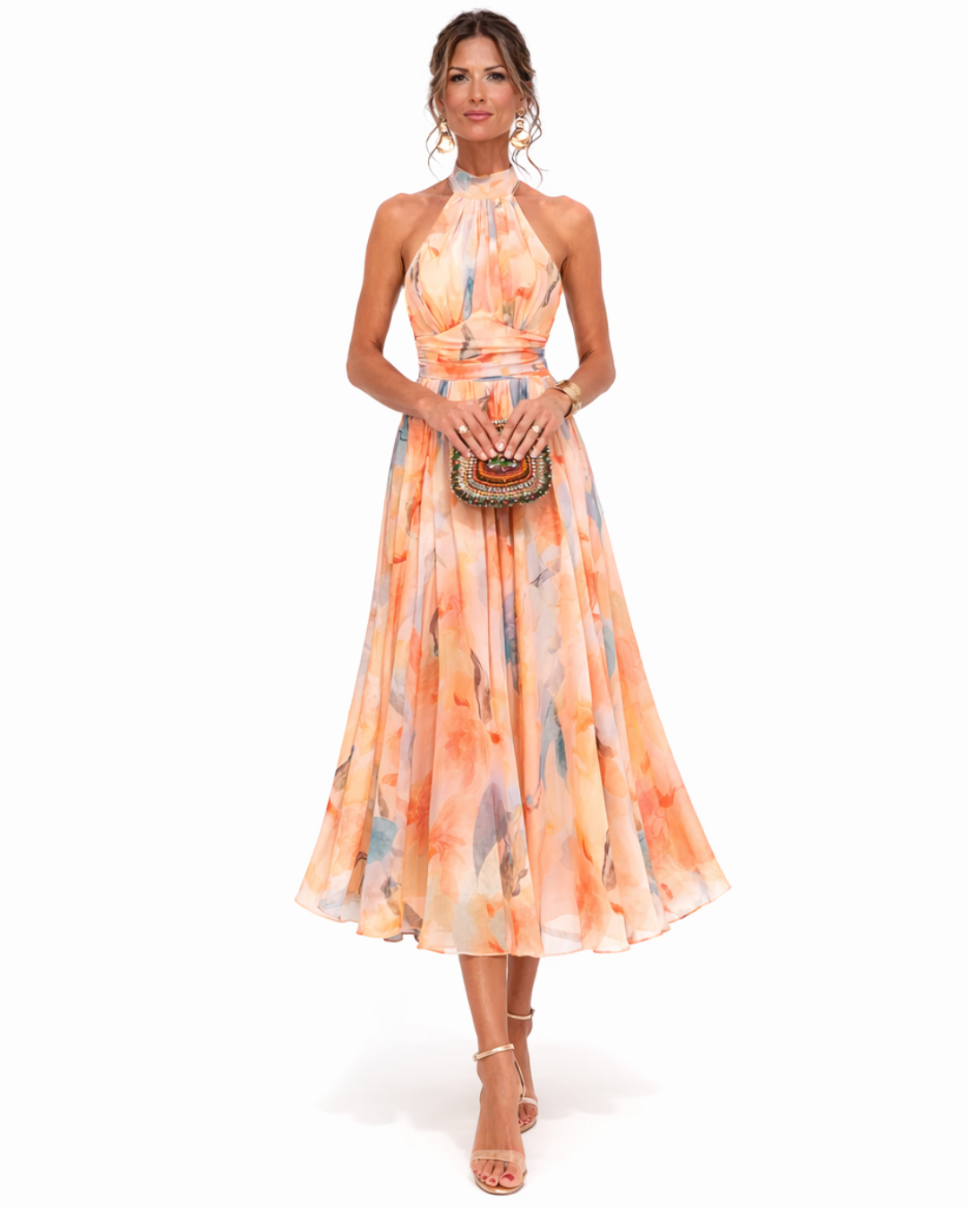 Robe maxi col halter aquarelle pour femme