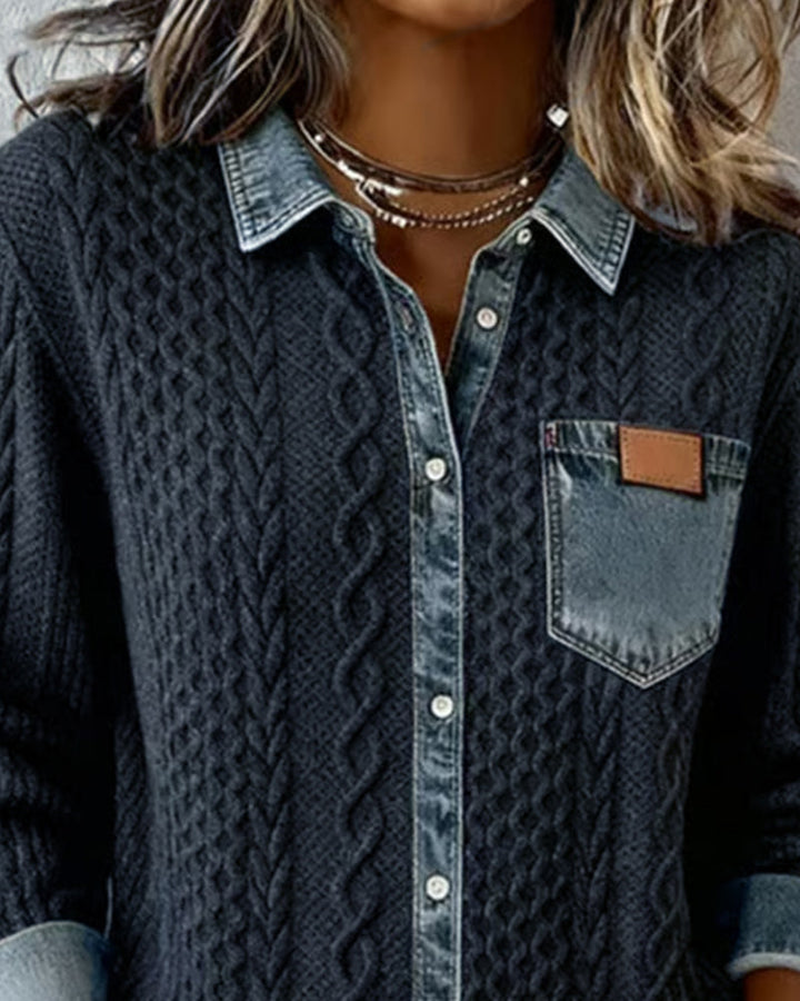 Cárdigan de mujer de punto trenzado con detalles de denim