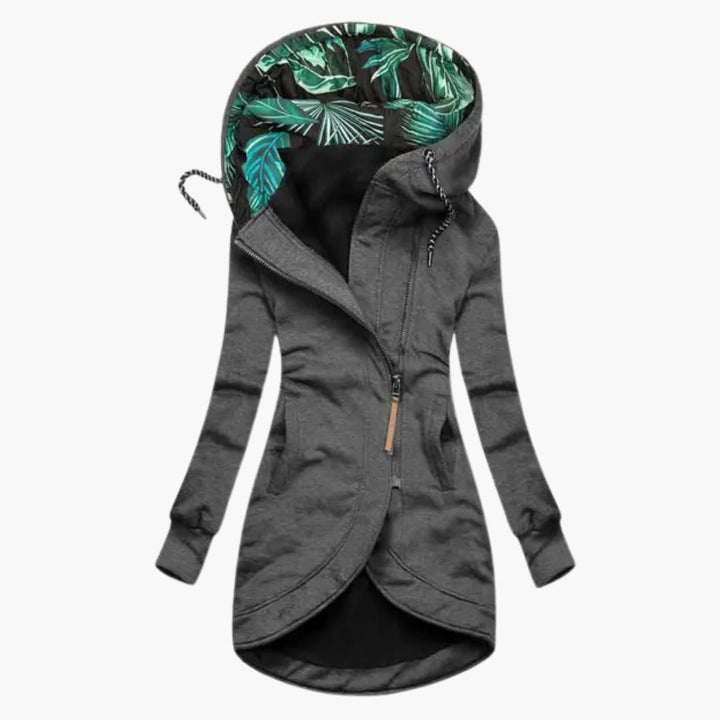 Veste Longue Femme à Capuche Imprimée et Zip Asymétrique