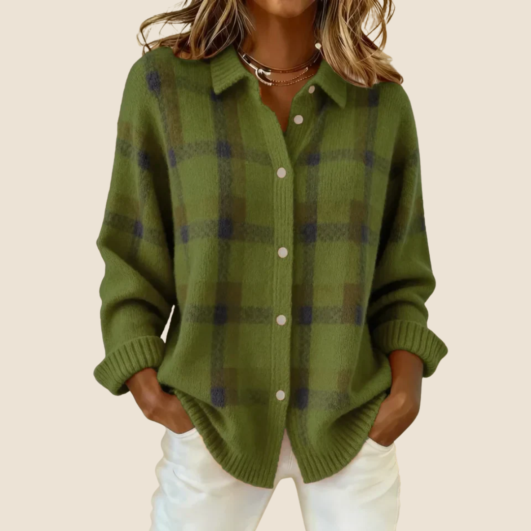 Maglione a quadri abbottonato con colletto da camicia da donna