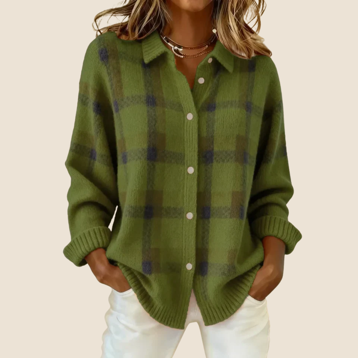 Maglione a quadri abbottonato con colletto da camicia da donna