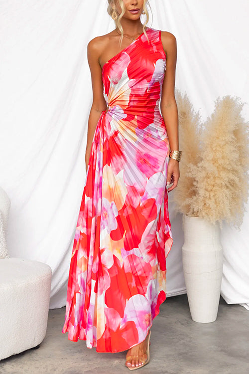 Robe Maxi Fleurie pour Femmes à Une Épaule avec Taille Drapée Élégante
