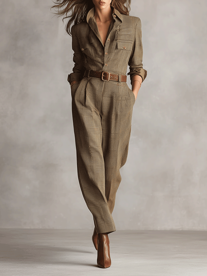 Tuta elegante da donna con pantaloni, maniche lunghe e cintura
